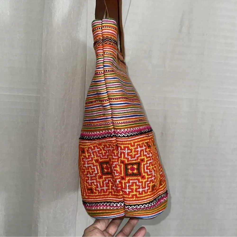 Casual Cat Handmade Cross Stitch Embroidered Vibrant Fair Trade Folk Art Tote